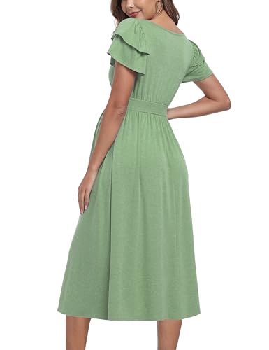 Ruffle Short Sleeve Maternity Dress High Waisted Midi Baby Shower Dresses - color: Sage, size: Medium