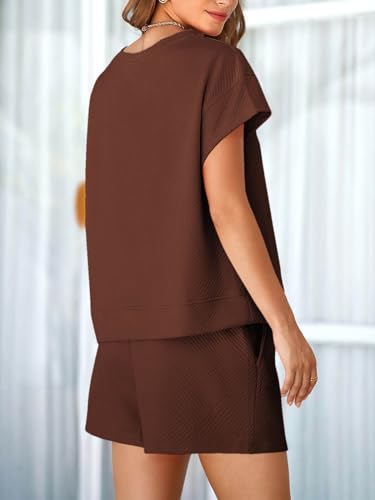 Tankaneo Womens Short Sets 2 Piece Outfits Summer Matching Lounge Set - color: Coffee, size: Medium