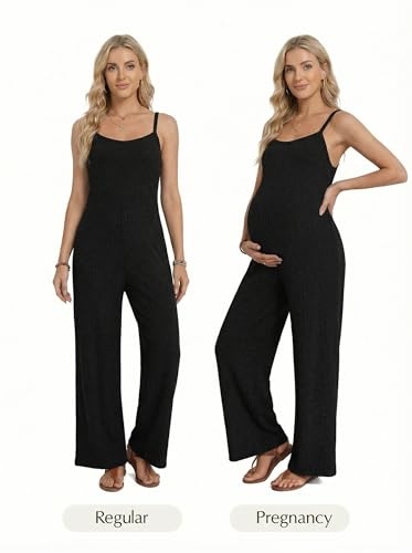 BLENCOT Maternity Ribbed Jumpsuit Stretchy One Piece Wide Leg Romper - color: Black, size: Medium