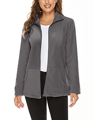 Hibelle Women's Outdoor Full-Zip Thermal Fleece Jacket with Pockets - color: 203-grey, size: Large