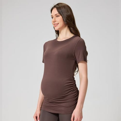 netdraw Buttery Soft Bamboo Viscose Maternity T Shirt, Pregnancy Short Sleeve Side Ruched Casual Tops - color: Cocoa, size: Small