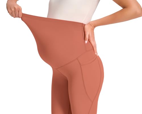 JOYSPELS Smooth Feeling Maternity Workout Leggings with Pockets Pregnancy Pants Over The Belly - color: Peach Blossom, size: Large
