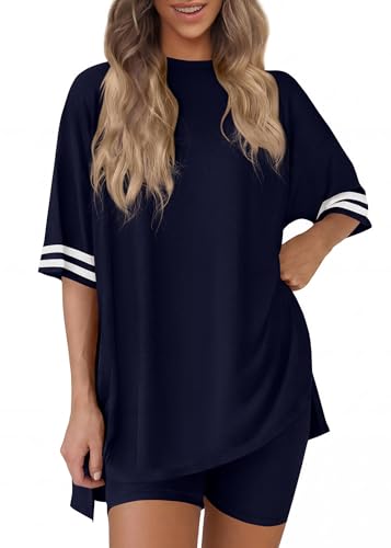 KIRUNDO 2 Piece Sets for Women Summer Lounge Set - color: Navy Blue, size: Small
