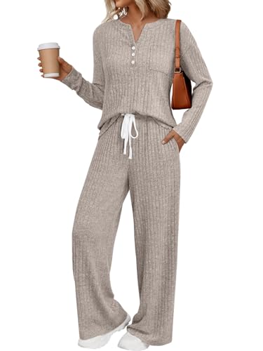 LILLUSORY Women's 2 Piece Matching Lounge Sets 2026 Trendy Fall Outfits - color: Camel, size: Small