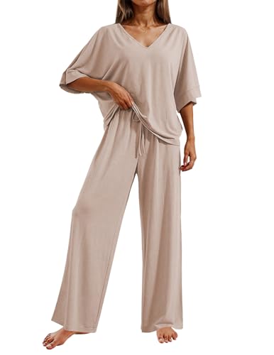 Ekouaer Pajama Sets Womens 2 Piece Short Sleeve Long Pants Pjs Lounge Set - color: Beige, size: Medium