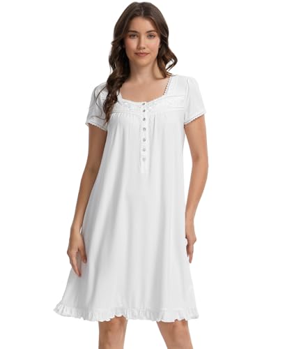GYS Women's Bamboo Viscose Nightgown Short Sleeve Sleep Shirt - color: White, size: Medium