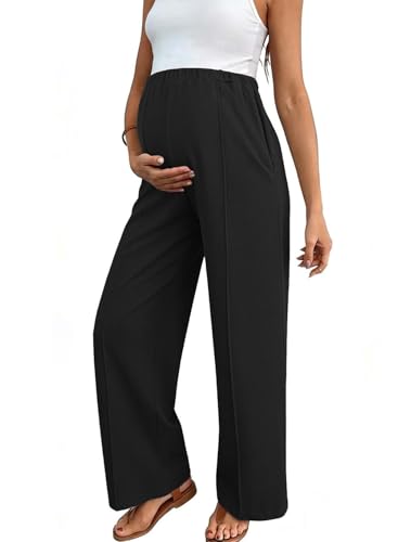 BLENCOT Women's Maternity Pants Work Adjustable Waisted Wide Leg Waffle Knit Trousers Pregnancy Clothes with Pockets - color: Black, size: Large