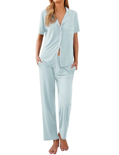 Ekouaer Womens Pajamas Set Short Sleeve Button Down Top & Pants Lounge Pjs - color: Ice Blue, size: Medium