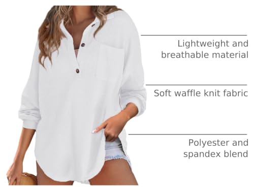 Astylish Women Waffle Knit Tops Henley Shirts - color: White, size: X-Large
