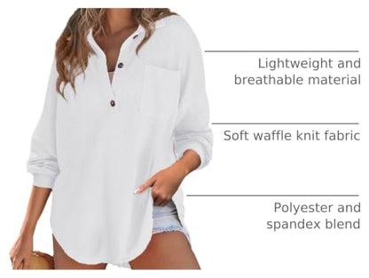 Astylish Women Waffle Knit Tops Henley Shirts - color: White, size: X-Large