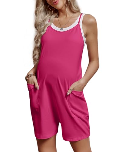 FMEYOA Maternity Romper Sleeveless Overall Shorts Jumpsuit with Pockets - color: Rose Red, size: Small