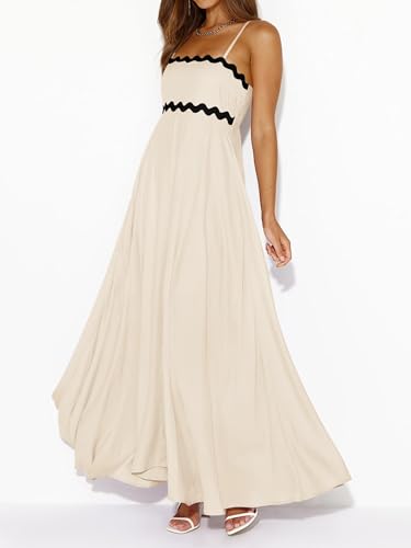 PRETTYGARDEN Women Spaghetti Strap Boho Maxi Dresses Flowy - color: Beige, size: X-Large