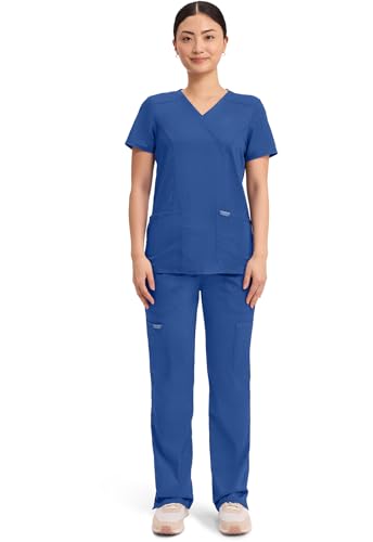 Cherokee Scrubs Top for Women Mock Wrap with 3 Pockets, Soft, 2-Way Stretch & Durable Fabric - WW610 - color: Galaxy Blue, size: 3X-Large Plus