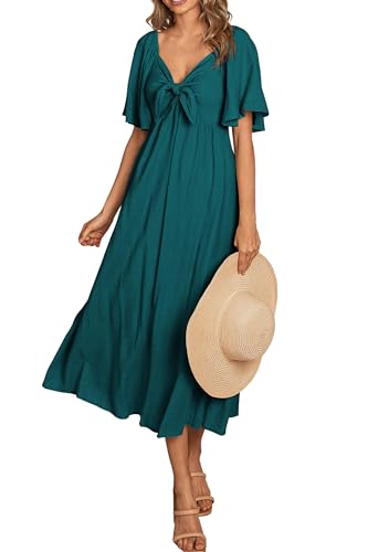 PRETTYGARDEN Women's Summer Bow Tie V Neck Midi Dresses - color: Malachite Green, size: XX-Large