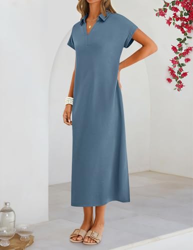 MEROKEETY Women's Summer Casual V Neck Collared T Shirt Long Maxi Dress - color: Gray Blue, size: Medium