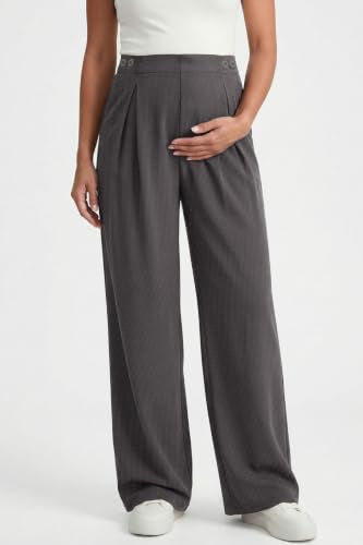 BLENCOT Maternity Pants Work Waffle Knit Wide Leg Pregnancy Trousers - color: Carbon Grey, size: Large