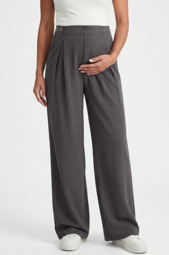 BLENCOT Maternity Pants Work Waffle Knit Wide Leg Pregnancy Trousers - color: Carbon Grey, size: Large