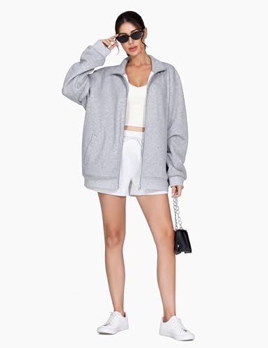 THE GYM PEOPLE Women's Oversized Zip Up Sweatshirts Fleece Mock Neck Jacket - color: Heather Grey, size: Medium