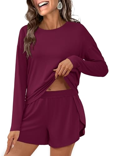 ANRABESS Womens Long Sleeve Striped Pajama 2 Piece Lounge Sets - color: Burgundy, size: Medium
