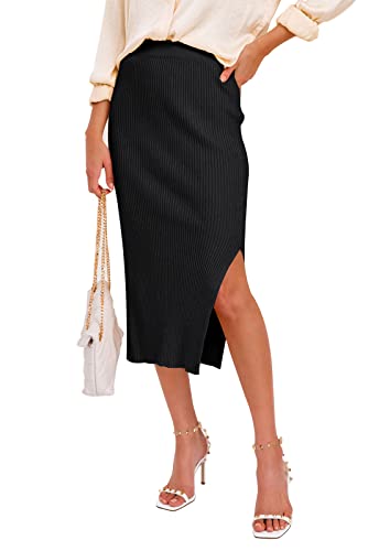 HERBATOMIA Midi Pencil Basic Skirt Casual Solid Split Side Stretchy Ribbed Knit Bodycon Mid Length Skirts for Women - color: Black, size: Small