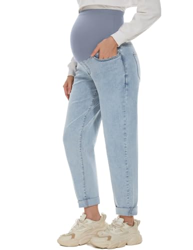 POSHGLAM Women's Maternity Boyfriend Jeans Over Belly Stretch Comfy Loose Casual Denim Pants with Pockets, S-XXL - color: A01 Light Blue 28'', size: Small