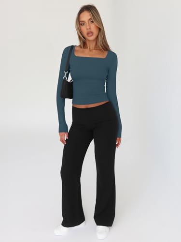 Trendy Queen Women's Square Neck Tops Cropped Going Out Long Sleeve Shirts - color: Haze Blue, size: Small
