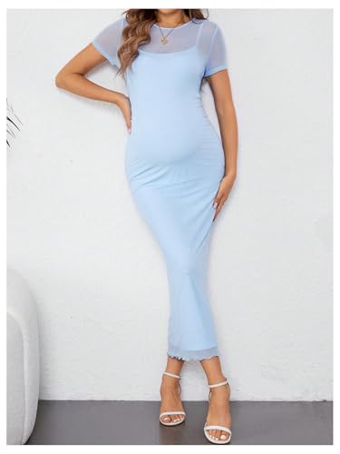OYOANGLE Women's Maternity Sheer Short Sleeve Bodycon Dresses - color: Light Blue, size: Small