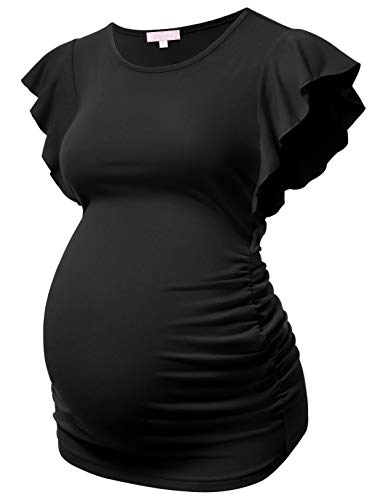 Bhome Maternity Tops Flying Shorts Sleeve Tshirt Side Ruched Pregnant Blouse Casual Pregnancy Tunic - color: Black, size: Medium
