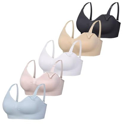 Women’s Seamless Nursing Bra Wireless Maternity Bra 5 Pack - color: Black/Skin/Pink/Light Blue/White, size: XX-Large