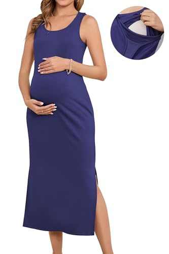 OUGES Womens 2026 Summer Maternity Nursing Dress Split Midi Sleeveless Breastfeeding Dress Scoop Neck Pregnancy Clothes - color: Navy, size: X-Large