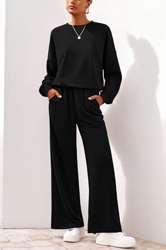 PRETTYGARDEN Women 2 Piece Outfits Fall Sweatsuit Lounge Set - color: Black, size: Small