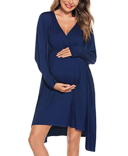 SWOMOG Women Maternity Nursing Gown and Robe Set 3 in 1 Labor Delivery Nursing Nightgown for Breastfeeding Hospital Bathrobe - color: A-navy Blue, size: Large