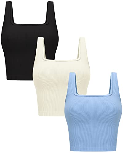 Womens 3Pk Crop Tank Tops Square Neck Workout Top - color: Black + Beige + Light Blue, size: X-Small
