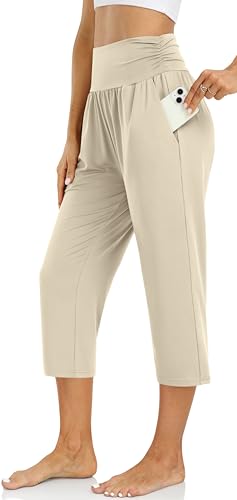 UEU Women's Yoga Capri Pants Loose Soft Drawstring Workout Sweatpants - color: Cream, size: X-Large