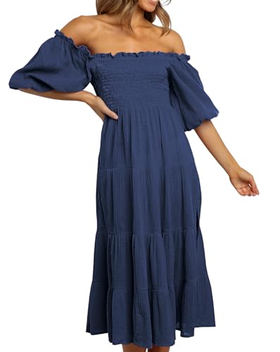 R.Vivimos Women's Cotton Off-Shoulder A-Line Midi Dresses - color: Navyblue, size: Medium
