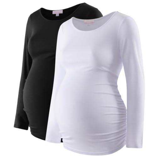 Maternity Shirt Long Sleeve Basic Top Ruch Sides Bodycon Tshirt for Pregnant Women - color: Black/White, size: Medium