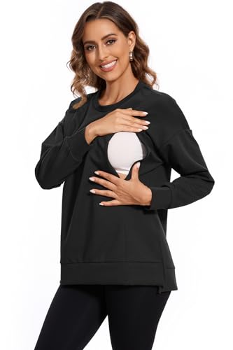 Smallshow Women's Nursing Sweatshirt Long Sleeve Breastfeeding Tops - color: Black, size: Small
