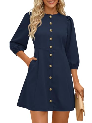Wenrine Womens Work Mini Dress 3/4 Sleeve Button Down Business Dresses - color: Navy, size: Medium