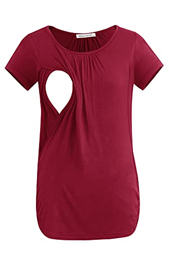 Smallshow Women's Nursing Tops Ruched Short Sleeve Breastfeeding Shirts 3-Pack - color: Deep Green-deep Grey-wine, size: Medium