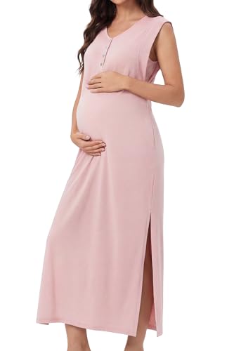 OUGES Women's Anti-Wrinkle Airy Layer Summer Maternity Dress V Neck Split Midi Nursing Dresses with Pockets 2026 - color: Pink, size: Small