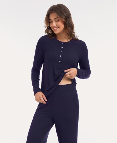 GYS Women's Bamboo Viscose Nursing Pajama Set, Wide Waist Cooling - color: Navy, size: Small