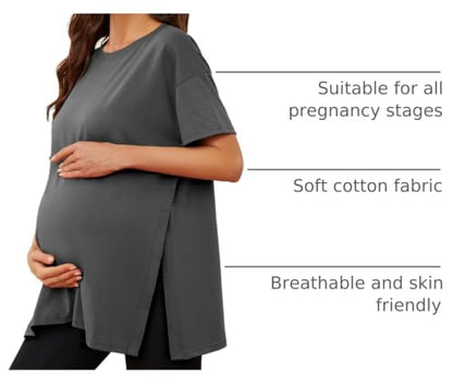 Ecavus Maternity Shirts Side Split Soft Cotton Loose Fit Pregnancy Tops - color: Dark Gray, size: Small