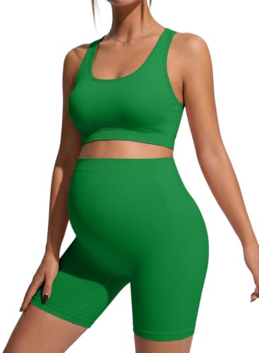 BLENCOT Maternity Workout Sets Pregnancy Yoga Ribbed Tank Tops with Bra - color: Green, size: Large