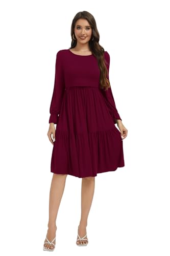 Smallshow Women's Ruffle Maternity Nursing Dress Long Sleeve - color: Maroon, size: Small