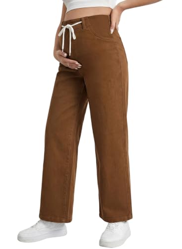 BLENCOT Maternity Jeans High Waisted Drawstring Straight Leg Denim Pants - color: Brown, size: Large