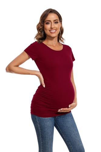 Smallshow Women's 4 Pack Maternity Shirts Short Sleeve Pregnancy Tops Clothes - color: Black-light Grey-navy-maroon(4 Pack), size: Large