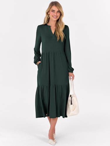 ANRABESS Women's Long Sleeve Fall Flowy Boho Maxi Dresses - color: Dark Green, size: Large