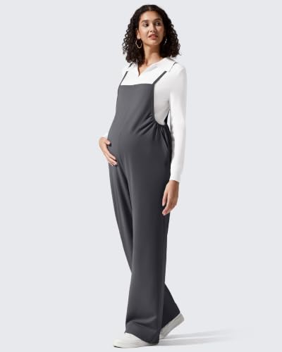 G4Free Maternity Jumpsuits Adjustable Strap Wide Leg Pregnancy Rompers - color: Dark Gray, size: X-Large