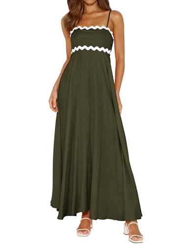 PRETTYGARDEN Women Spaghetti Strap Boho Maxi Dresses Flowy - color: Army Green, size: X-Large