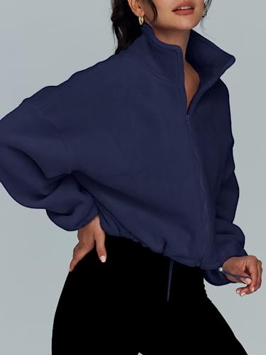 AUTOMET Womens Fleece Jackets Zip Up Oversized Cropped Sweatshirts - color: Navy, size: Medium